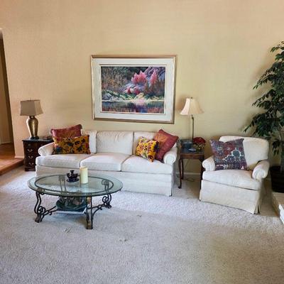 Living room furniture, sofa, chair, coffee table
