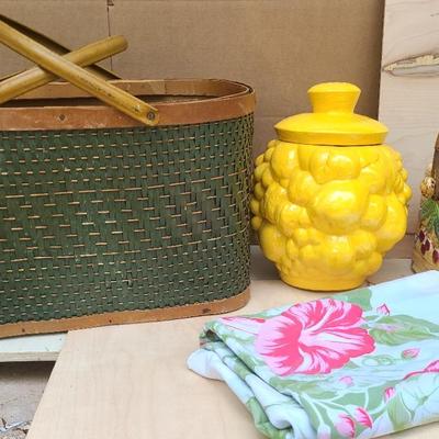 Summer Vintage Lot -- Green Hamper (No Lid), Cookie Jars, Floral Tablecloth