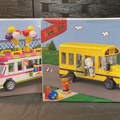 2 New Ban Bao Peanuts Connecting Block Sets - “Everyday Fun” School Bus & Food Truck
