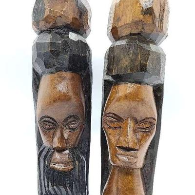 Pair Of Carved Jamaican Wooden Folk Art Busts