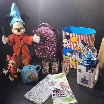 Mickey &Minnie Collectibles:Fantasia Mickey, Musical SnowGlobe, Teapot, Lunchbag & VTG Metal Can