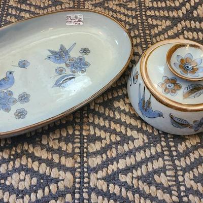 El Palomar Blue Mexican Bird Ceramics -- 15" Tray And Bean Pot With Lid From Tlaquepaque