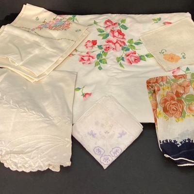 Vintage Floral Tablecloth & Other Embroidered Goods