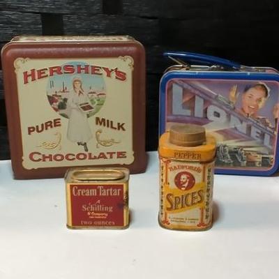 Old And New Tins Betty Boop Tin Lunch Box Lionel Train Lunch Box Ole Hershey's Tin Spice Tins 