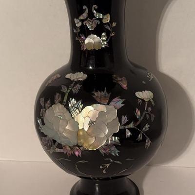 Vintage Black Enamel Over Brass Vase With Raised Mother of Pearl Flowers (Korean?)