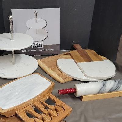 Marble Serving Stand, Marble/wood Cheese Boards (One With Utensils) , & Rolling Pin