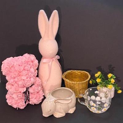 Springtime Fun - Ceramic Bunny Desk Planter, Pink Bunny, Painted Clear Mug, Flower Bear