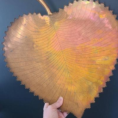 Giant Copper Footed Centerpiece in The Shape Of A Leaf -- Can Be Hung On The Wall - 15"x16"