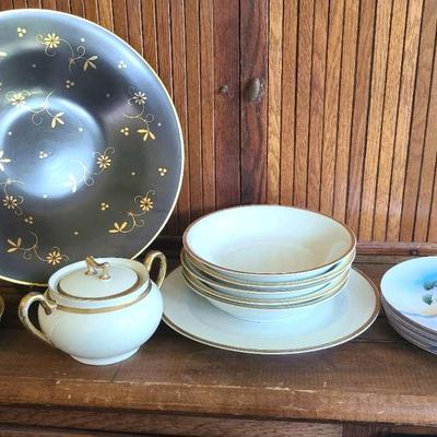 Gold And White Bavarian And Czech Dishes, German Serving Bowl, & Hand-painted Japanese Appetizer Pla