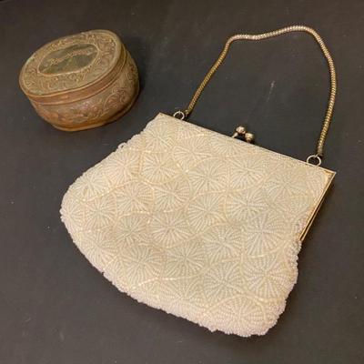 Vintage Magid Handmade In Macal Beaded Clutch & Antique Pozzonis Powder Box