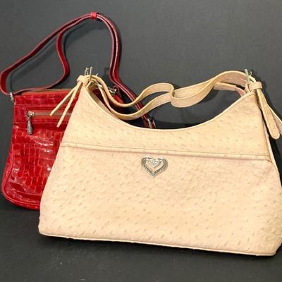 Two Brighton Purses - Pink Leather Double Strap Shoulder Bag & Red Vinyl Crossbody 