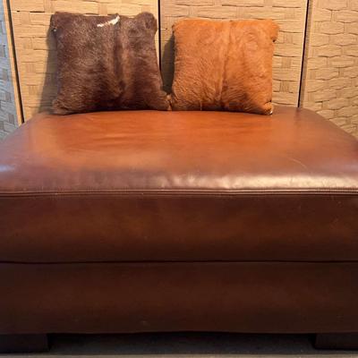 Pottery Barn Brown Leather Ottoman And Faux Fur Cushions 