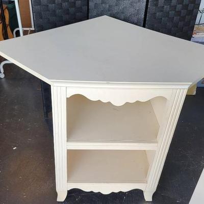 White Painted Wood Corner Cabinet With Scalloped Edged Design