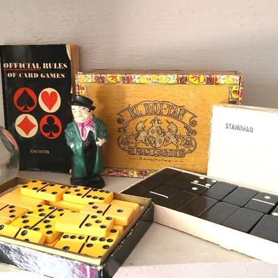 Vintage Dominoes, Card Games Book, Roi-tan Cigar Box, German Figurine
