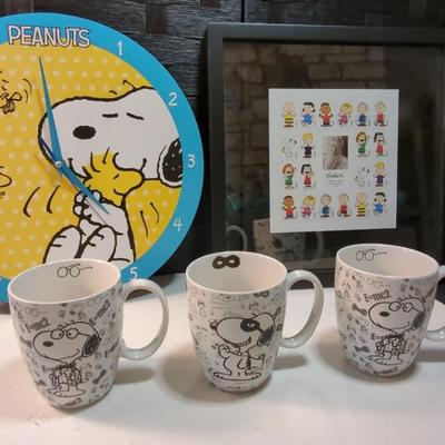 Snoopy Coffee Cups ,Clock  And Framed Forever Stamps With Schulz Centennial 2022