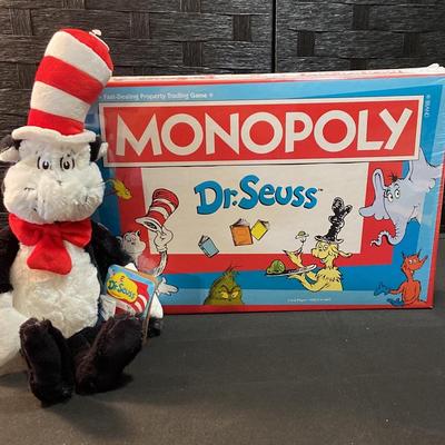 New Dr. Seuss Monopoly W/ Collectible Tokens & Aurora Cat In The Hat Plush 