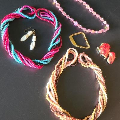 Goldfish Pin, 8 Strands Of Vintage TwistaBeads, Pink Beaded Necklace, Engraveable Bracelet