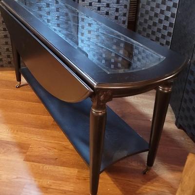 Drop Leaf Sofa Table With Criss-cross Design/Glass Center