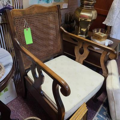 Mid-century Wooden armchair With caned Back And White Cushions -- Very Clean - Reserve $165