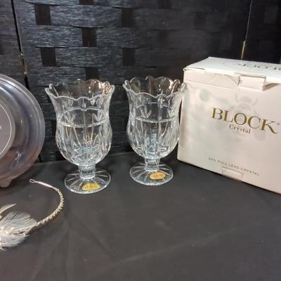 Block 24% Full Lead Crystal Candle Holders (2) & (2) Davids Bridal Head Pieces 