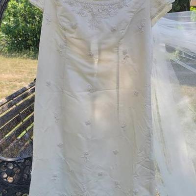 Bianchi Wedding Dress, Beaded Head Piece & Detachable Beaded Cape/Train