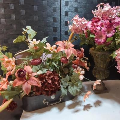 Faux Dusty Pink Flowers In Suitcase And Flowers In Metal Vase 