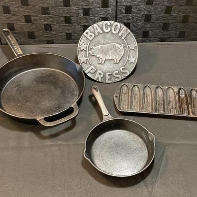 Cast Iron Pans (one Emeril Lagasse) , Bacon Press & Corn Muffin Pan 