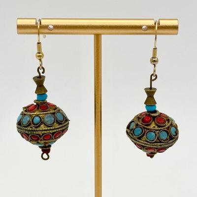 Tibetan-Style Inlaid Earrings with Faux Turquoise & Coral