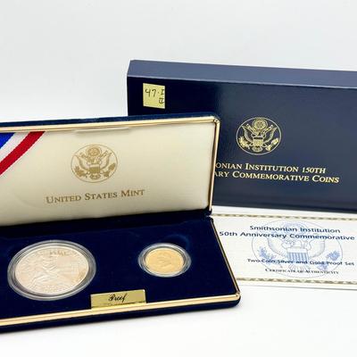 Smithsonian Institution 150th Anniversary Two-Coin Silver and Gold Proof Set W Cert. Of Authenticity