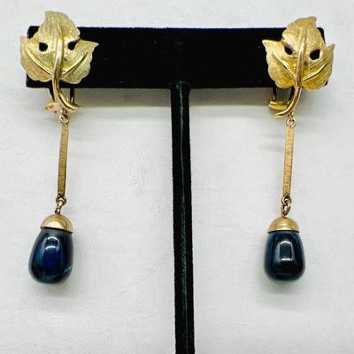 14K Gold Dangle Earrings with Cobalt Blue Stones