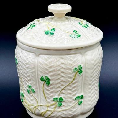 Belleek Shamrock Covered Jar with Basket Weave Texture