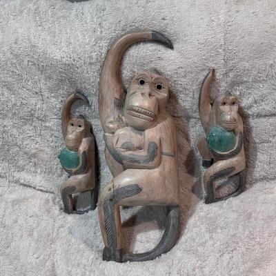 (3) Hand-Carved Hanging Monkey Sculptures