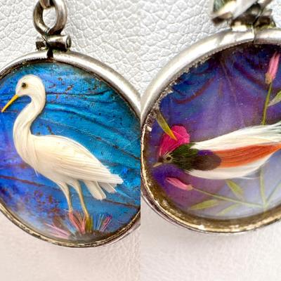 Rare Double Sided Antique Victorian Fob Charm Feather Birds & Morpho Butterfly Wing