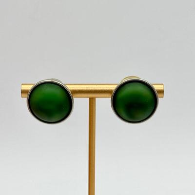Green Glass Cabochon Post Earrings in Silver-Tone Setting