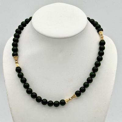 Vintage Dark Green Nephrite Jade Bead Necklace with Gold-Tone Accents