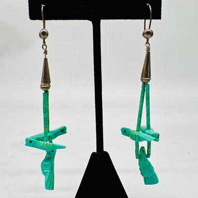 Pair of 3” Zuni Fetish Style Turquoise Carved Bird Earrings