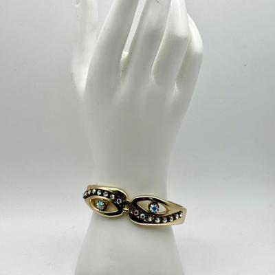 Vintage Aurora Borealis Rhinestone Eye Clamper Bracelet – Mid-Century Gold Tone