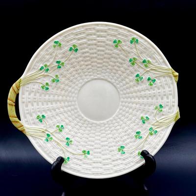 Belleek Shamrock Basket Weave Plate with Broken Handle