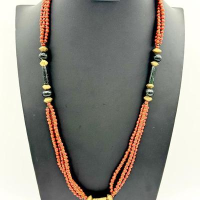 African Tribal Necklace with Red Trade Beads & Brass Bell Pendant