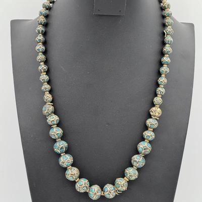 Tibetan Mosaic Bead Necklace with Turquoise Inlay