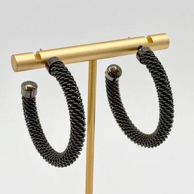 Modern Twisted Wire Hoop Earrings in Black & Gunmetal Tone