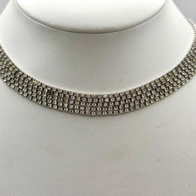 Vintage Les Bernard Rhinestone Collar Necklace – 5-Row Silver Tone Choker