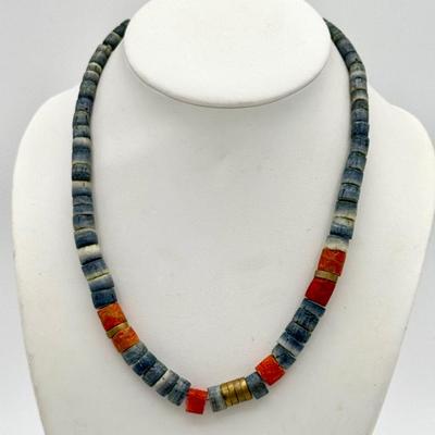 Vintage Heishi-Style Necklace with Coral, Bone, and Brass Beads