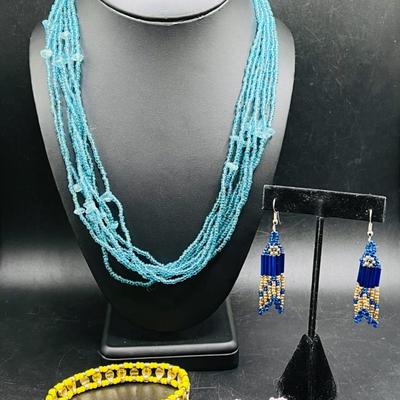Handmade Beaded Jewelry ft. Multi-Strand Turquoise Blue Necklace, Earrings, & Bracelet