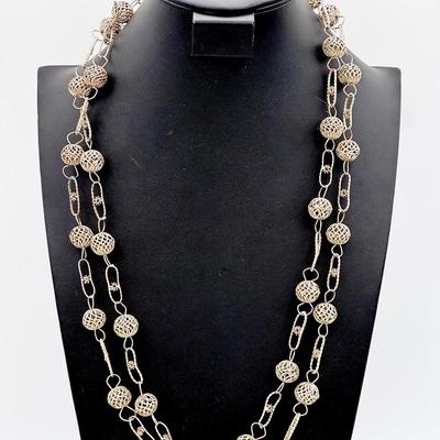 Vintage Filigree Cage Bead Multi-Strand Necklace in Silver Tone