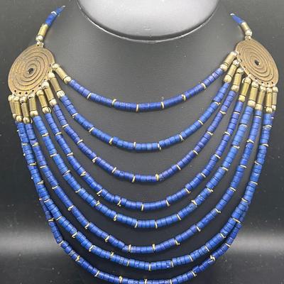 African Layered Necklace with Brass Spiral Medallions & Blue Vinyl Beads
