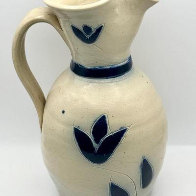 Williamsburg Style Pottery salt-glaze pitcher with cobalt blue tulip design