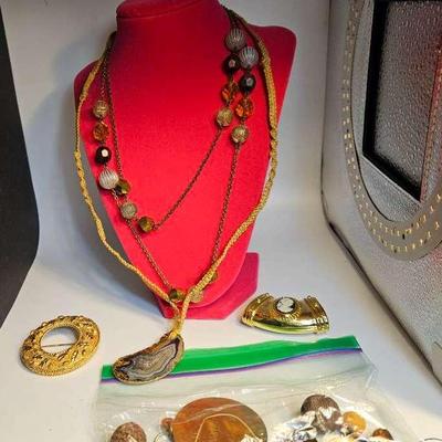 Vintage Glass Necklace, Agate Slab, Goldtone Brooch, Cameo Pendant Plus