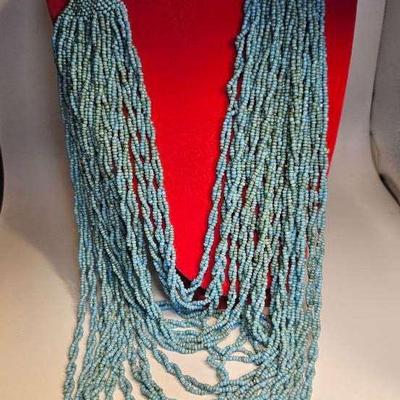 Vintage Light Blue Many Strands Seed Bead Necklace 