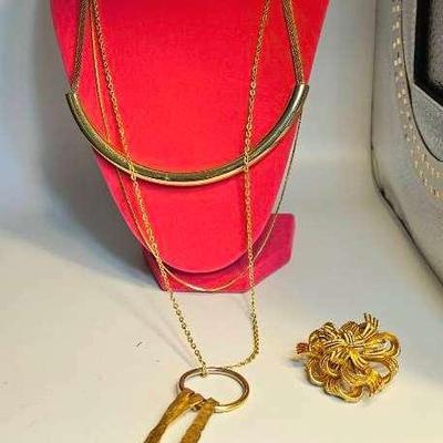 M. Jent Vintage Brooch Plus Other Goldtone Necklaces